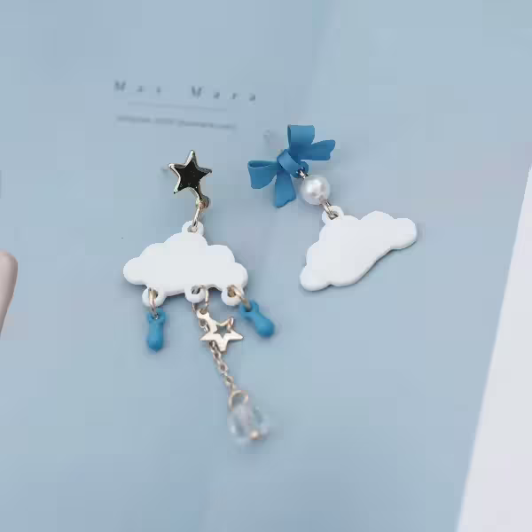 白雲藍雨蝴蝶結×不對稱吊墜耳環
