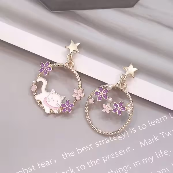 紫丁花小貓咪×不對稱三角耳夾