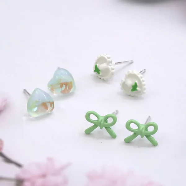 蝴蝶結小花愛心×三套件耳環組×綠色