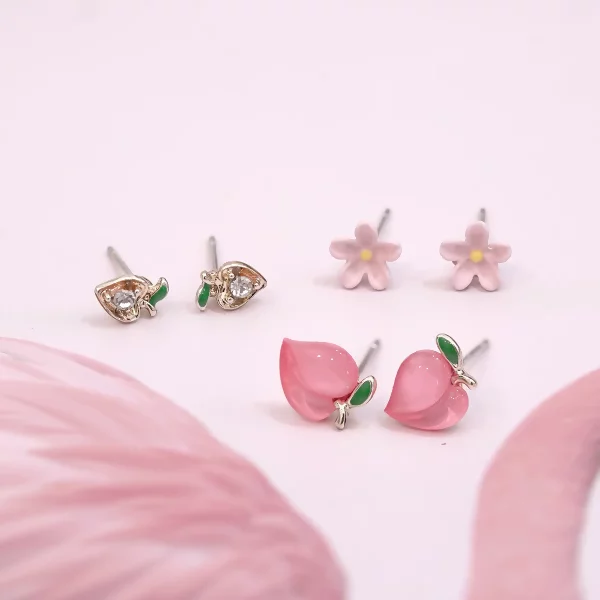 粉紅蜜桃小花×三套件耳環組