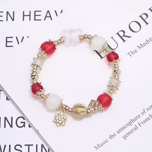 聖誕雪花紅金琉璃&times;固定式串珠手鍊