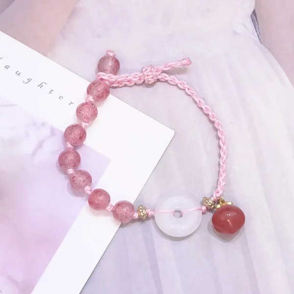 粉紅小草莓平安扣×拉繩手鍊