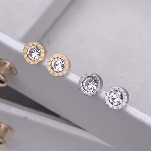316鋼飾×羅馬數字晶鑽×耳釘×共二色