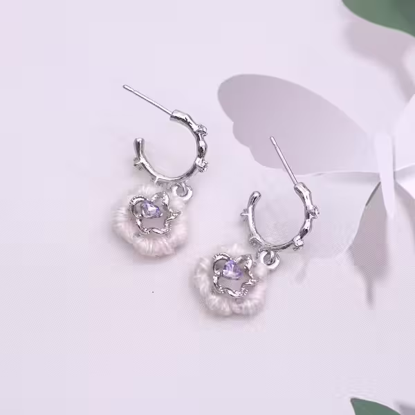 毛絨閃鑽小花×吊墜耳環