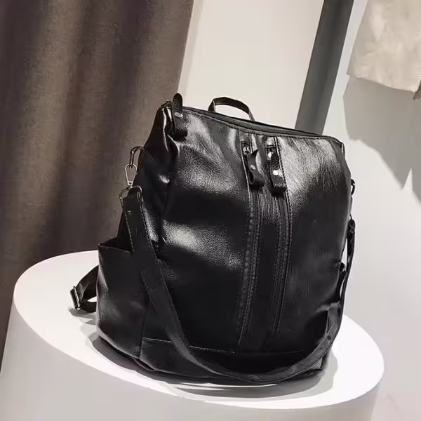 黑皮革雙拉鍊可肩背多功能×後背包