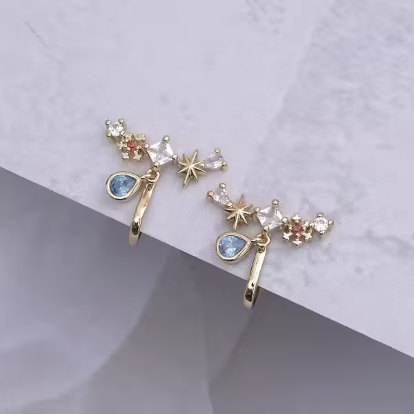 星芒閃耀藍水滴×蚊香盤U型耳夾