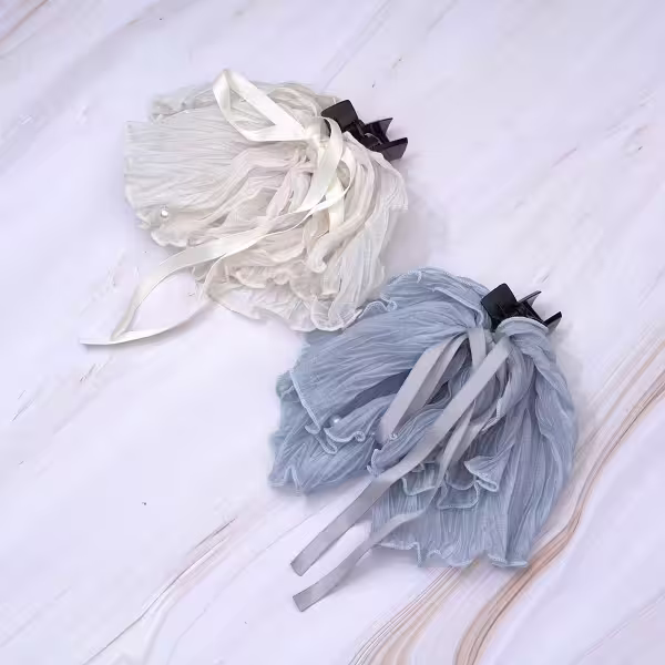 垂墜感薄紗蕾絲珍珠×蝴蝶結×抓夾×共二色