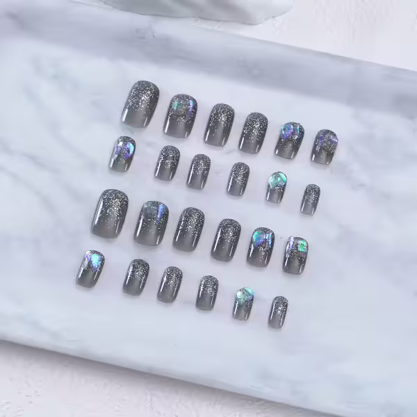 鐵灰冰晶閃光亮面×穿戴式手指甲片×二十四入