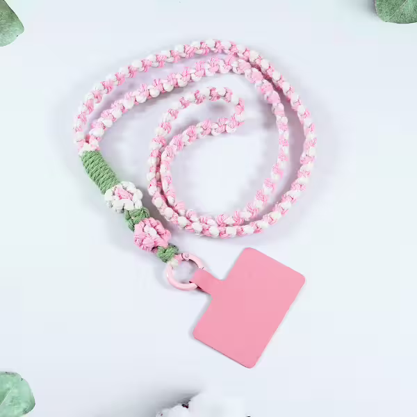 兩朵撞色小花×手機單勾掛脖吊繩×粉白