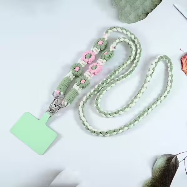 粗麻辮小花朵×手機斜背雙勾掛繩×綠粉