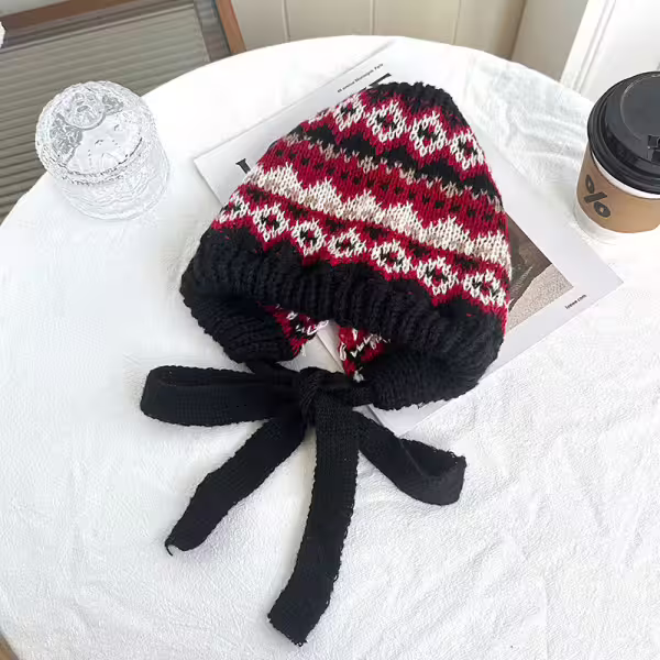 費爾島毛線格紋×毛帽×黑紅