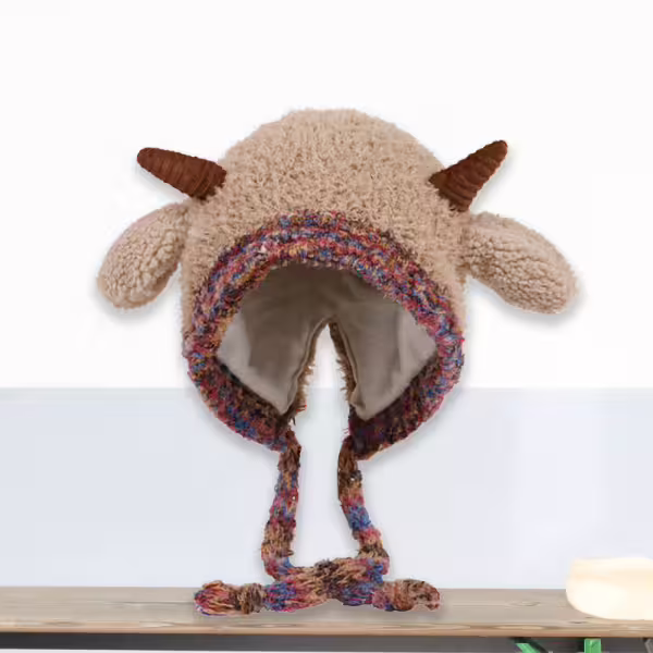 小羊角絨毛×毛帽×卡其