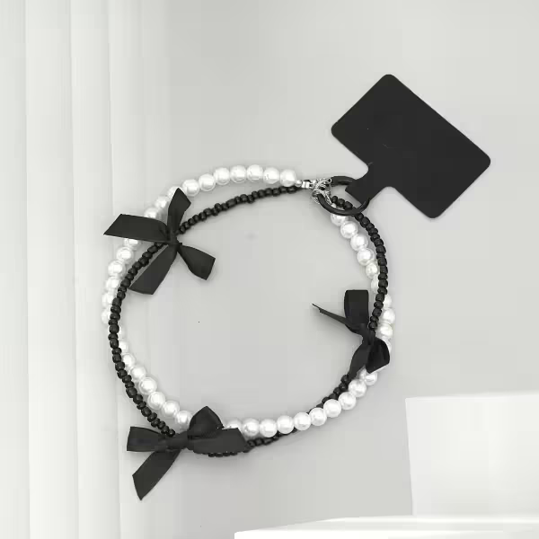 芭蕾風蝴蝶結珍珠&times;雙層手機腕帶掛繩&times;黑色