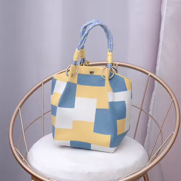 黃藍方格&times;針織手提袋