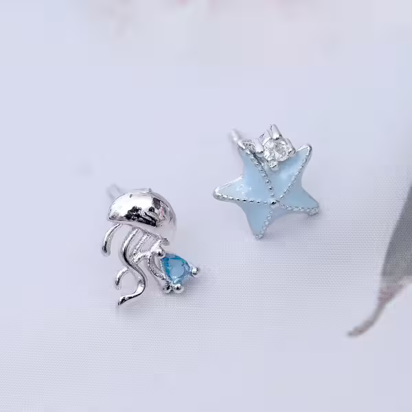 925銀針&times;水母海星&times;不對稱耳環