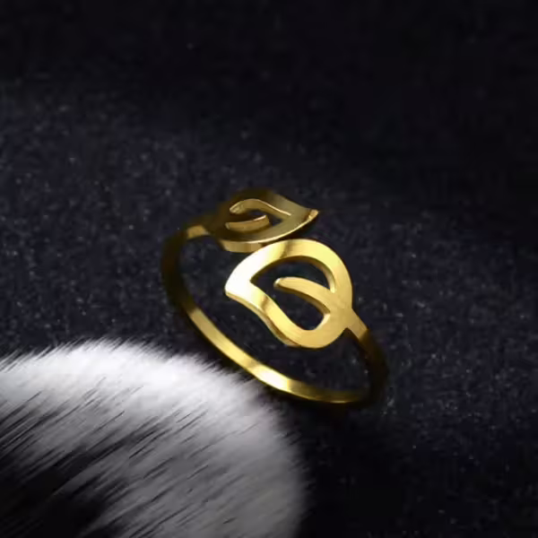鋼飾×鏤空雙葉×開口戒指×金色-第1張