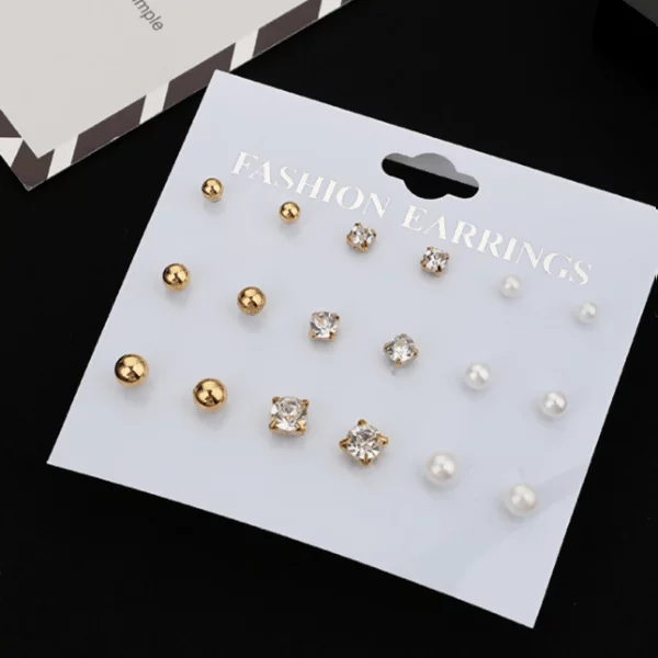 圓球晶鑽珍珠×九套件耳環組×金色-第2張