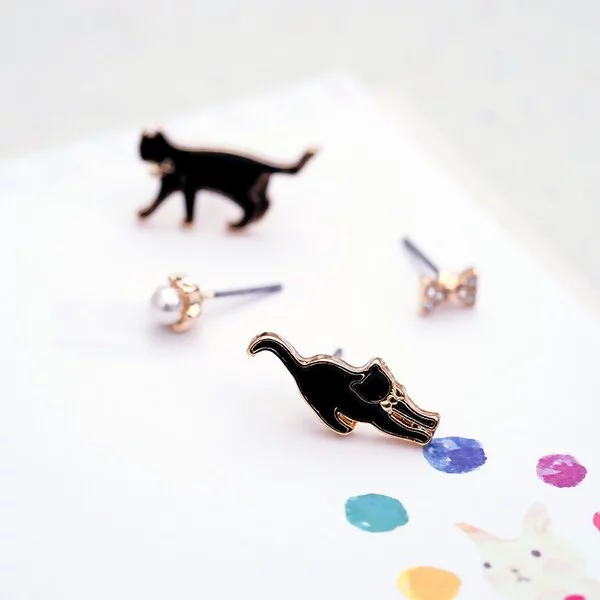 黑貓與領結珍珠×單邊四套件耳環組-第1張