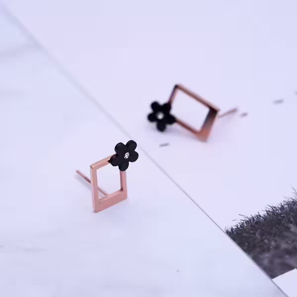 鋼飾×小花方框×耳環×玫瑰金-第4張