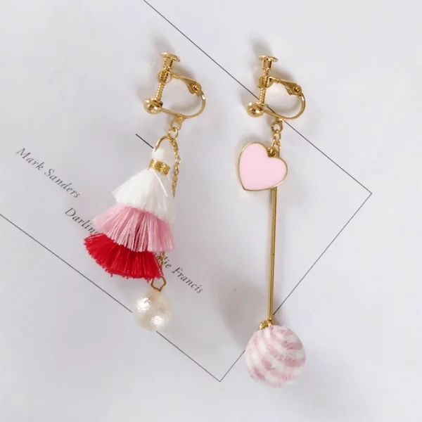 格紋球流蘇裙珍珠×不對稱螺旋耳夾×粉紅-第2張