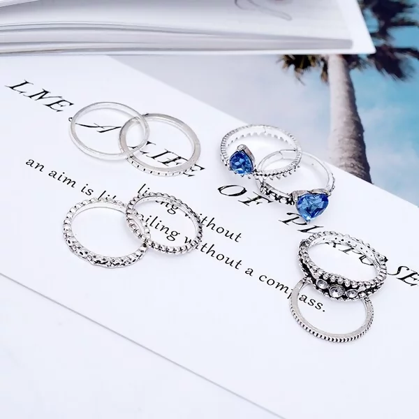 銀色藍寶鑲鑽皇冠花邊×八套件戒指組-第6張