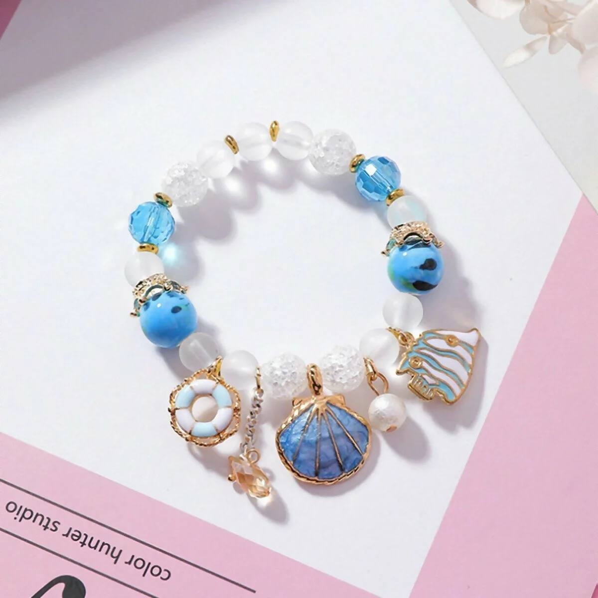 甜美貝殼海洋熱帶魚×固定式串珠手環×透藍-第1張