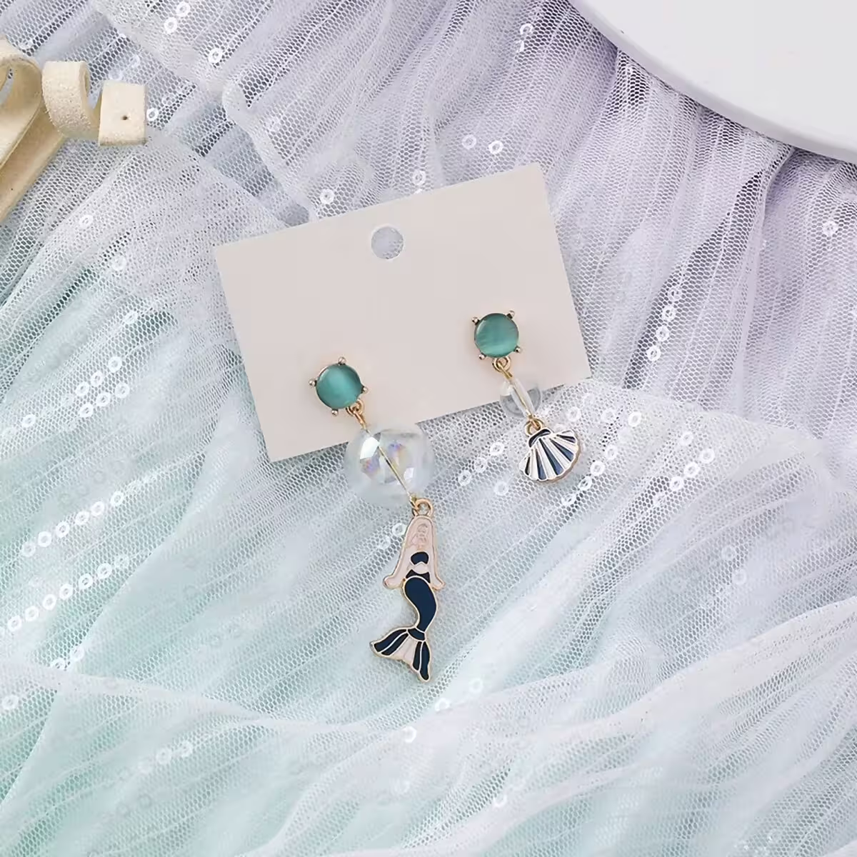 貓眼琉璃與美人魚貝殼×不對稱吊墜耳環-第3張