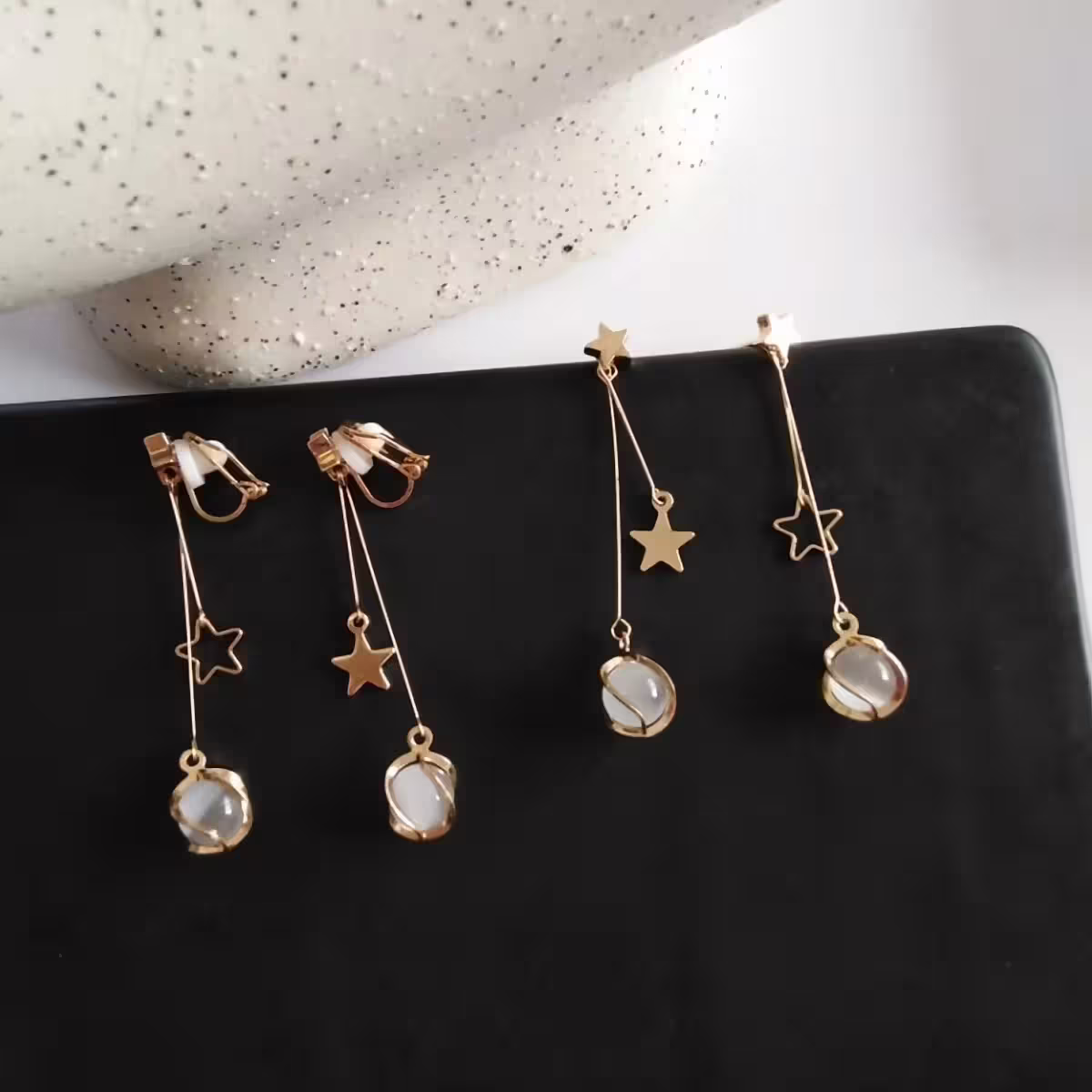 星星琉璃貓眼石×不對稱吊墜耳環-第3張