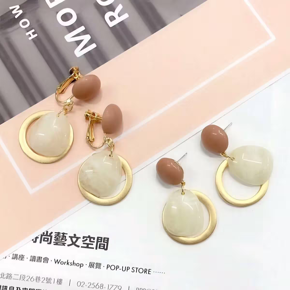 乳白石紋水滴圓環×吊墜耳環-第3張