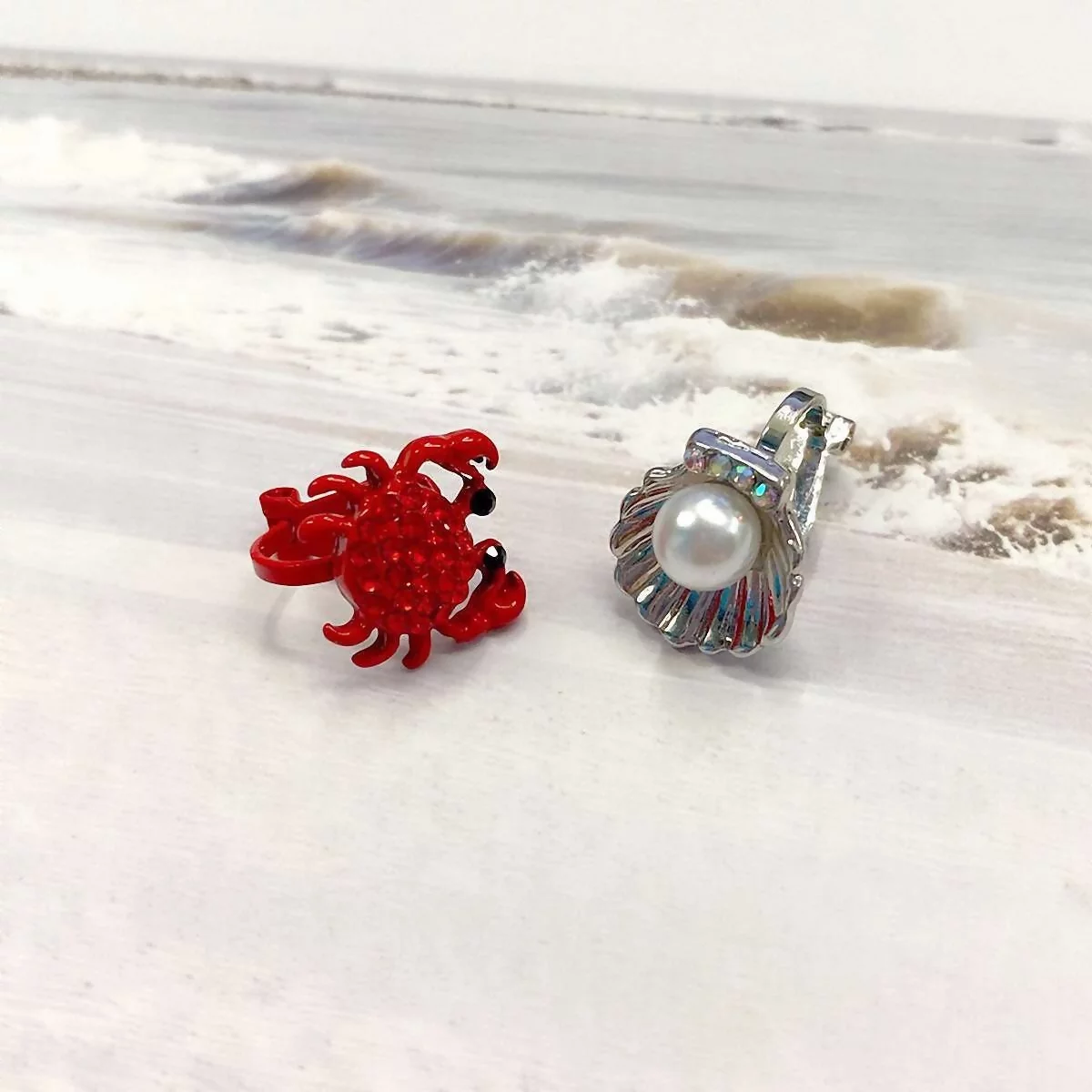 紅螃蟹貝殼珍珠×不對稱三角耳夾-第3張