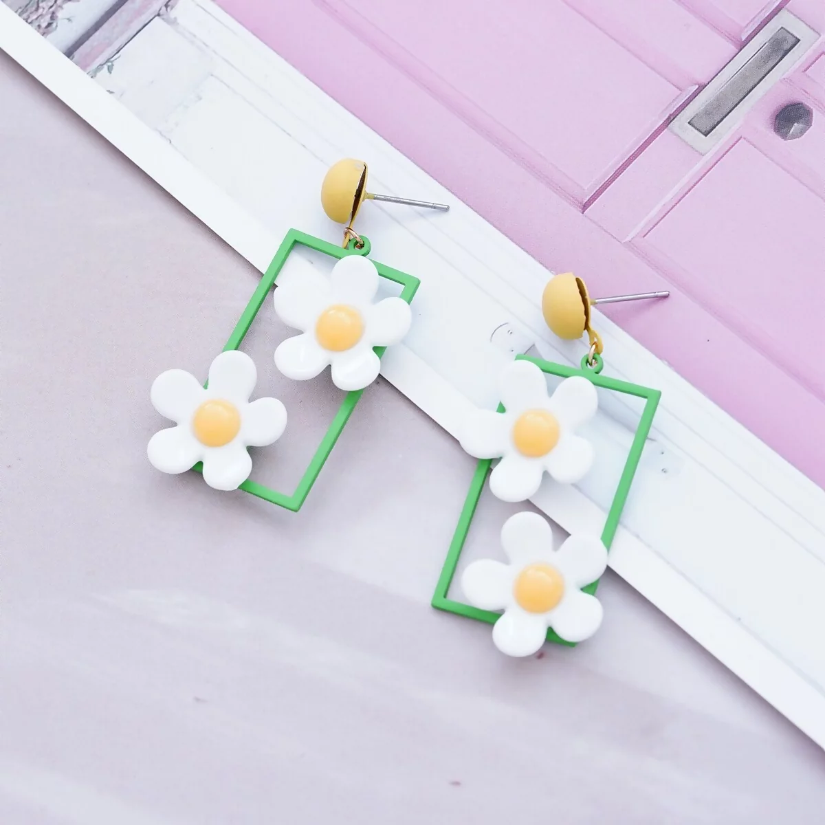 綠框框白花朵×吊墜耳環-第2張