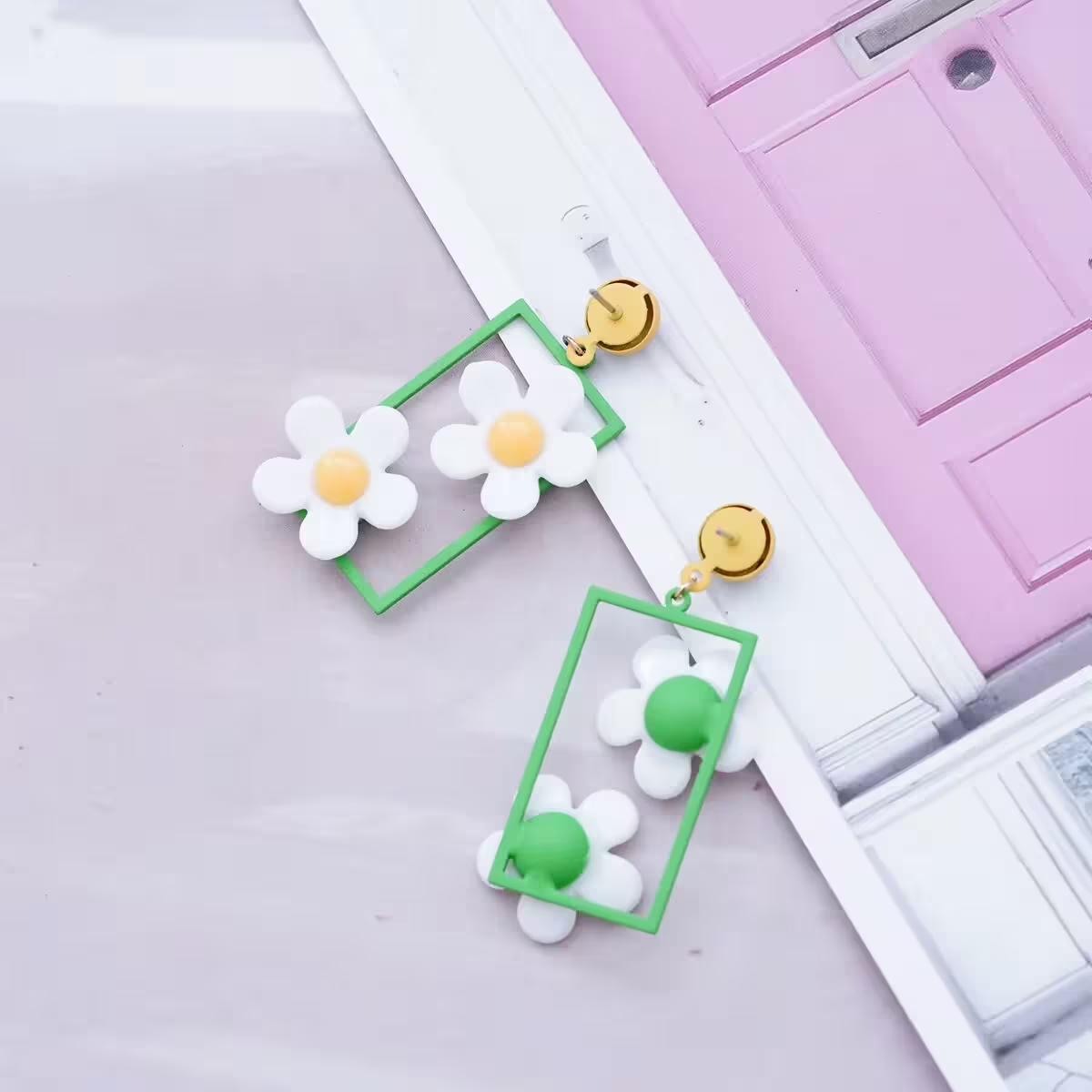 綠框框白花朵×吊墜耳環-第3張