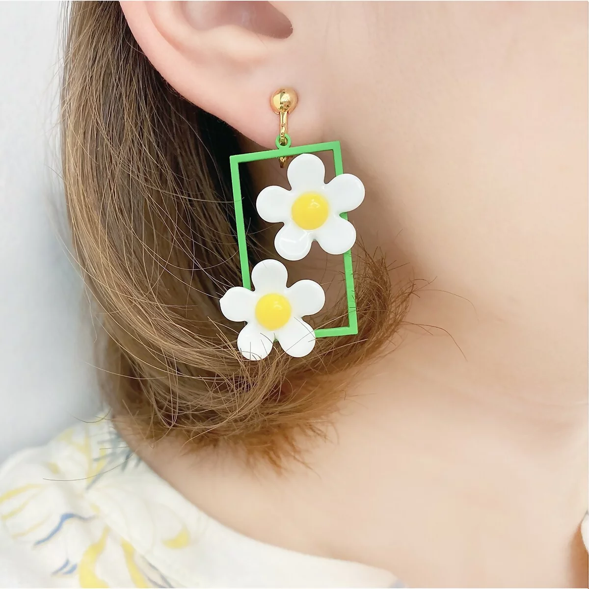 綠框框白花朵×螺旋耳夾-第6張