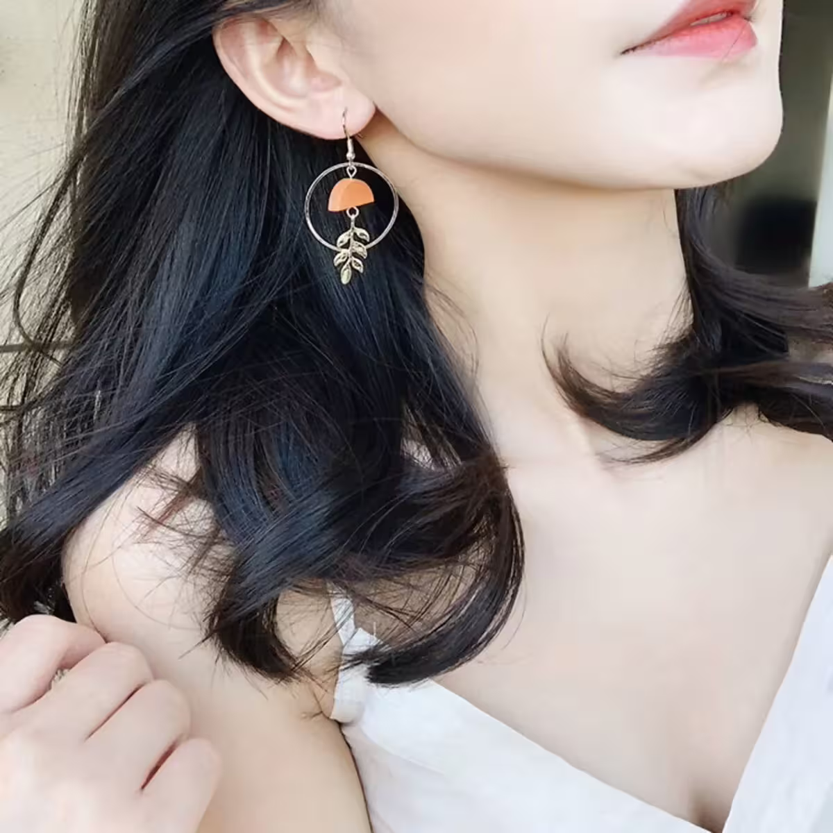 小鹿樹葉圓環木片×不對稱吊墜耳勾-第5張