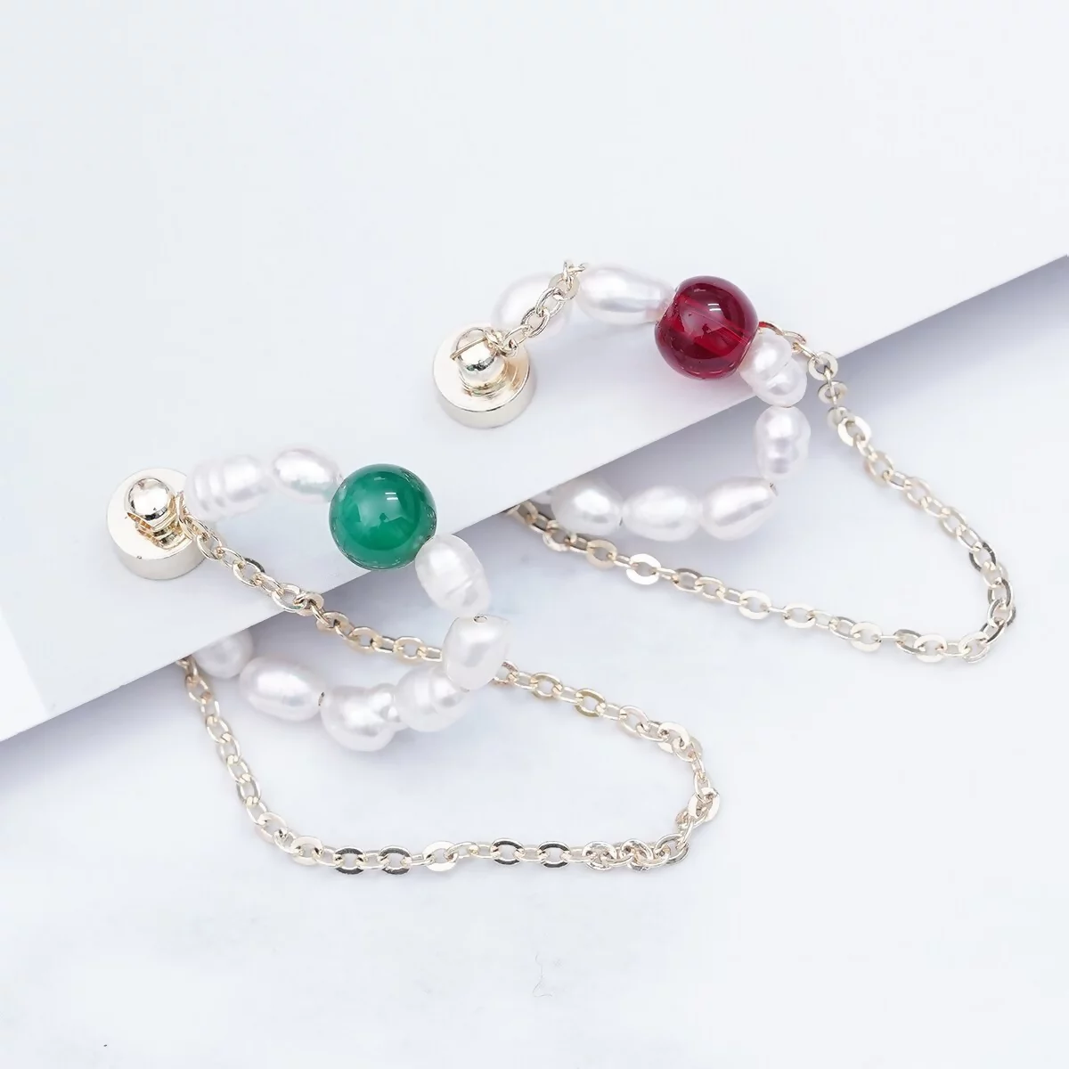 寶石珍珠雙層鍊條×單邊磁吸耳夾×共二色-第4張
