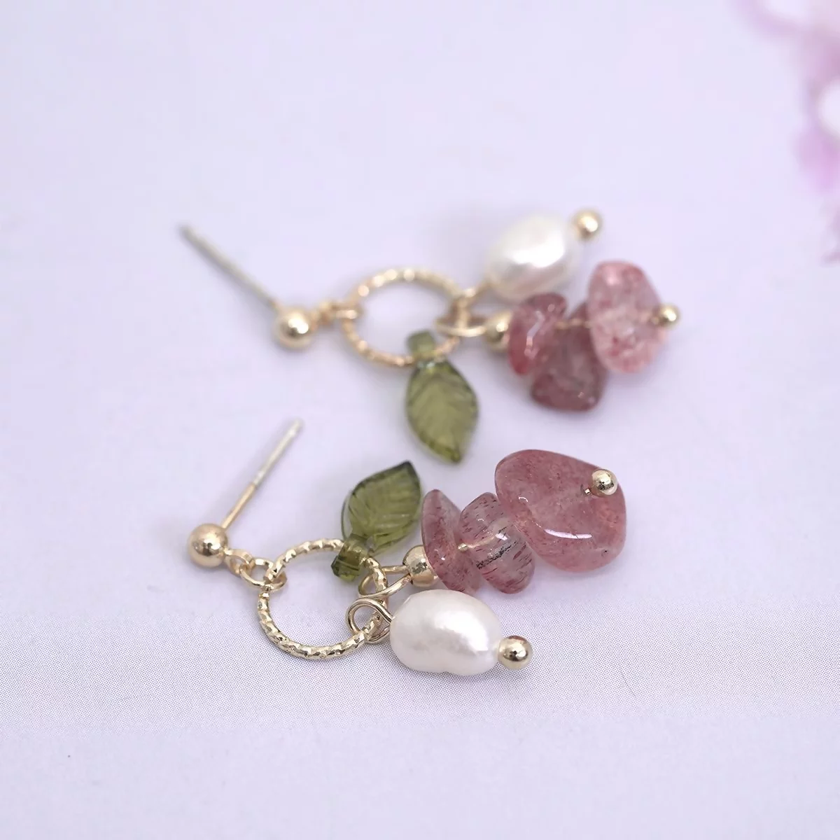 綠葉莓晶小珍珠×吊墜耳環-第2張