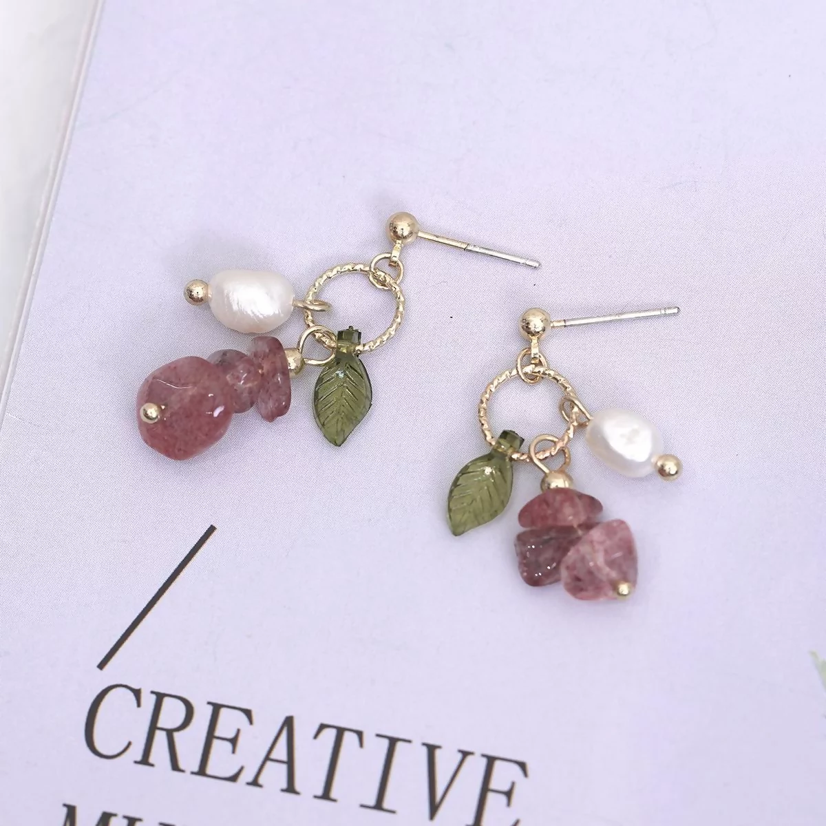 綠葉莓晶小珍珠×吊墜耳環-第5張