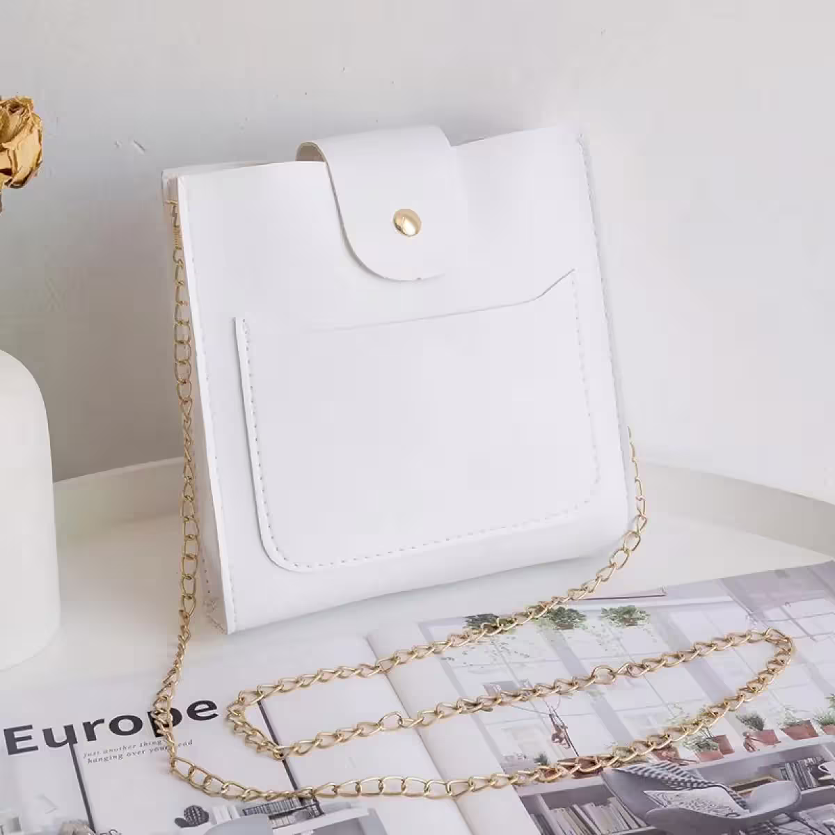 半開都會方包×金屬鍊條×斜背包×純白-第1張