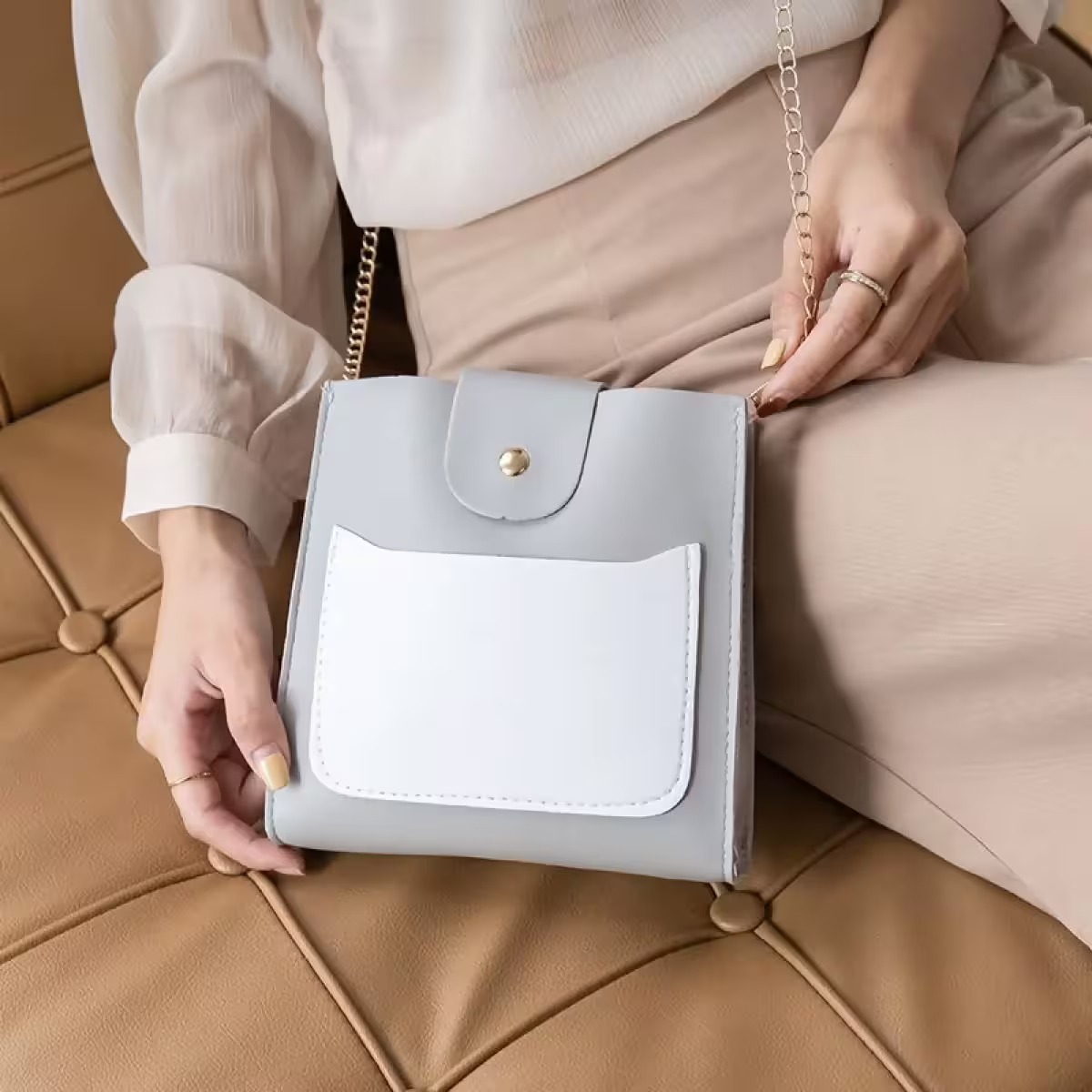 半開都會方包×金屬鍊條×斜背包×純白-第5張