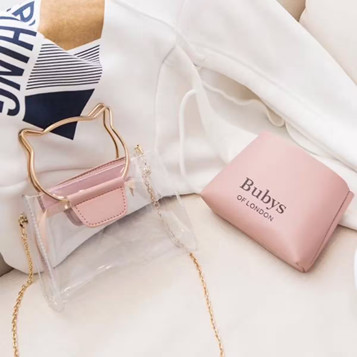 貓咪金屬提把×雙層透明皮革×斜背包×酒紅-第3張