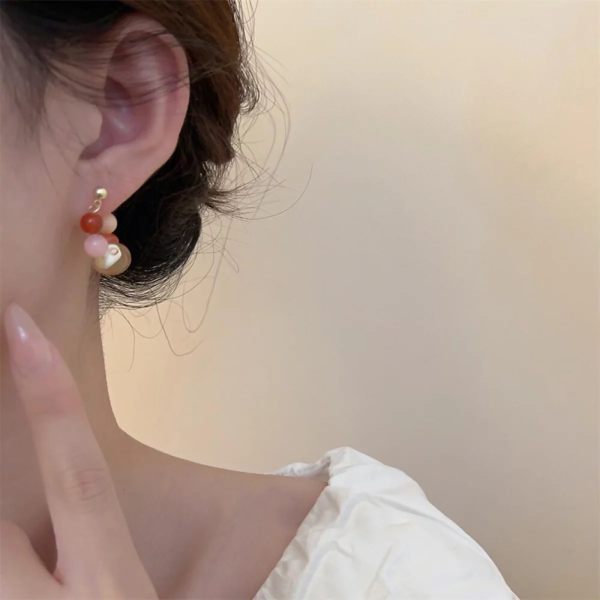 粉玉珠子扭釦天然石×後掛式吊墜耳環-第5張