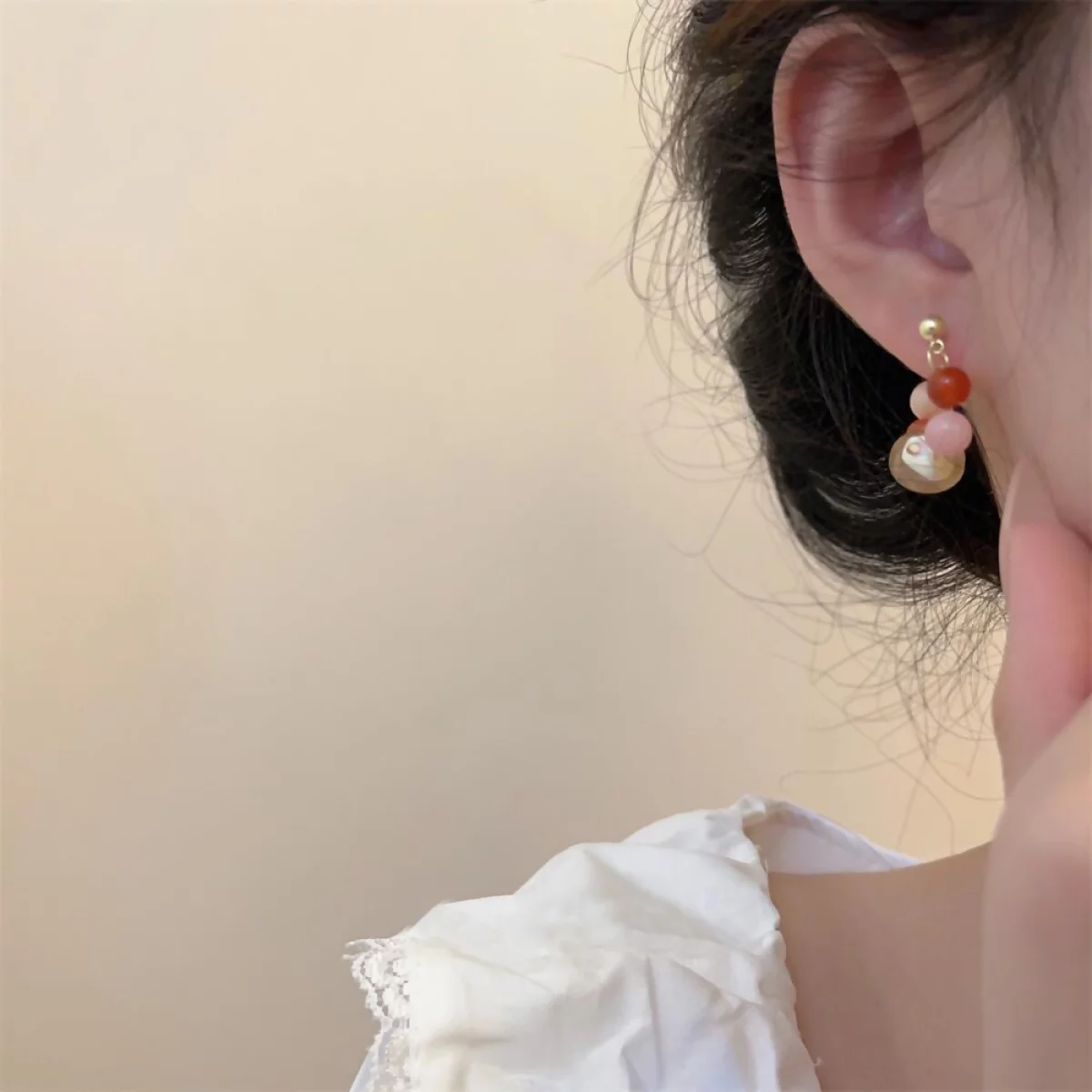 粉玉珠子扭釦天然石×後掛式吊墜耳環-第6張