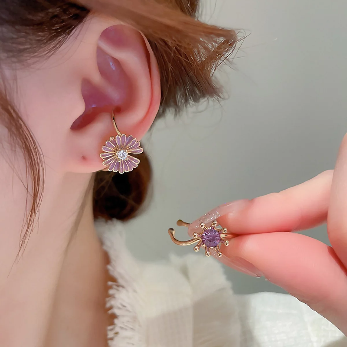 紫雛菊×不對稱U型耳骨夾-第6張