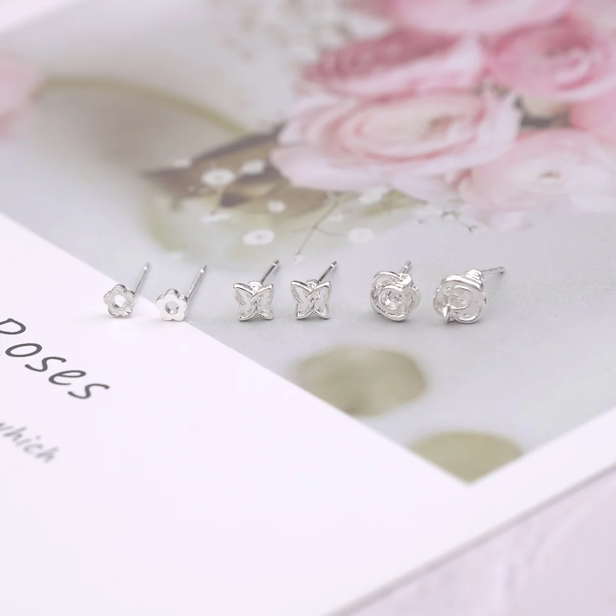 白銀色玫瑰與蝴蝶×三套件耳環組-第2張
