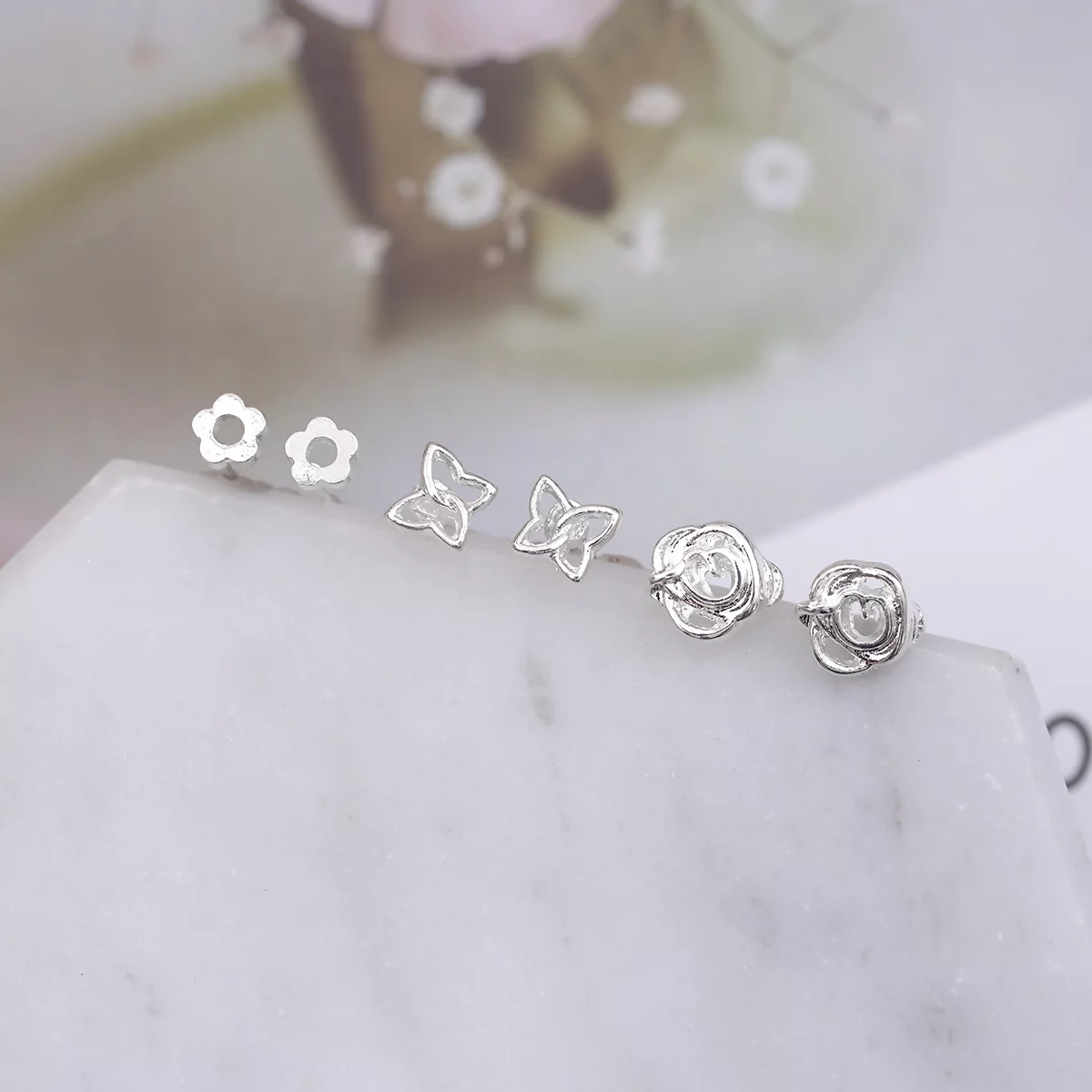 白銀色玫瑰與蝴蝶×三套件耳環組-第4張