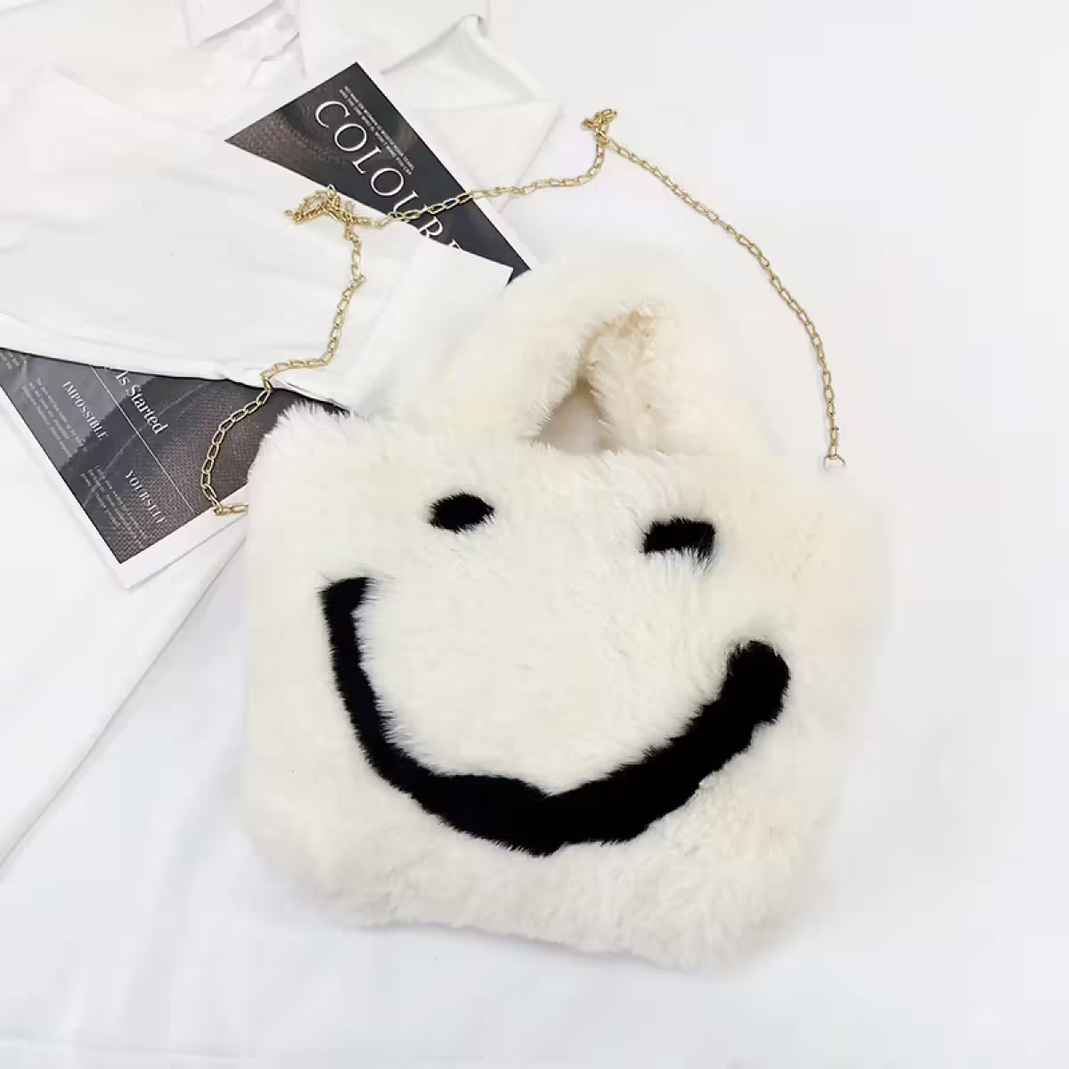 笑臉毛絨絨手提×鍊條斜背包×米白-第1張