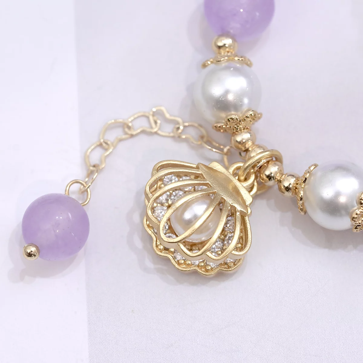 貝殼晶鑽紫晶琉璃×固定式串珠手鍊-第3張