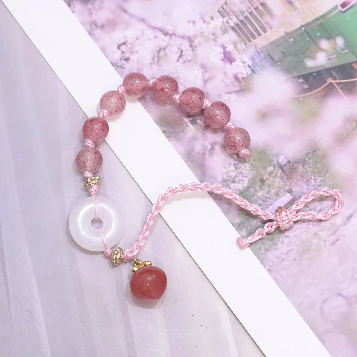 粉紅小草莓平安扣×拉繩手鍊-第2張