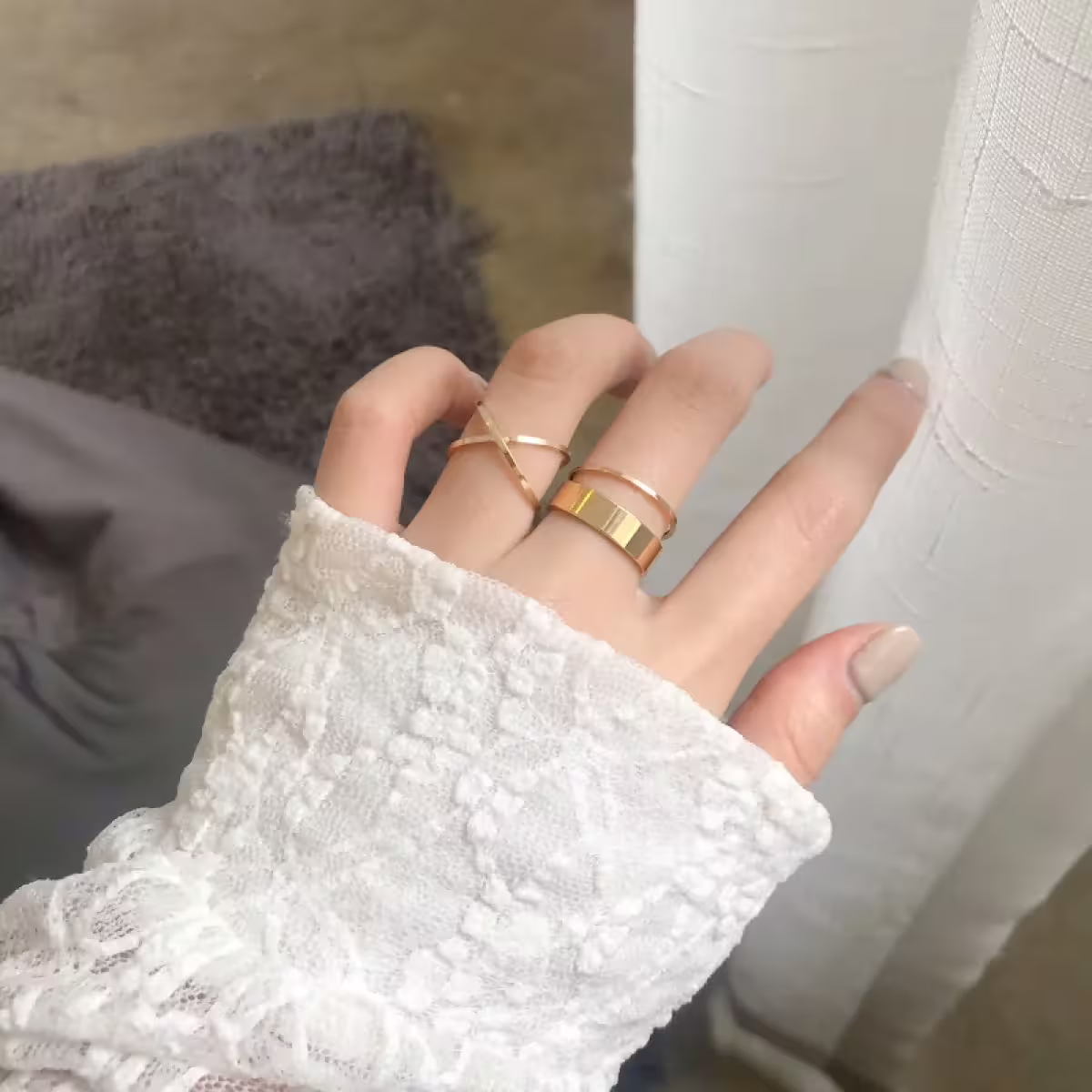 珍珠波堤交叉素圈×四套件戒指組×金色-第5張