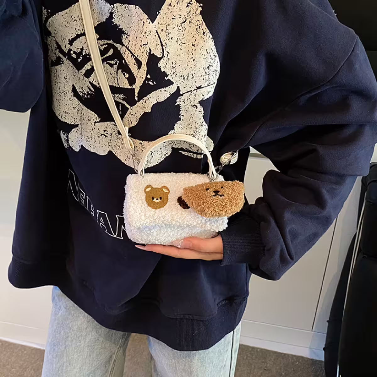 羊羔毛小熊娃娃×斜背包×白色（含娃娃)-第5張